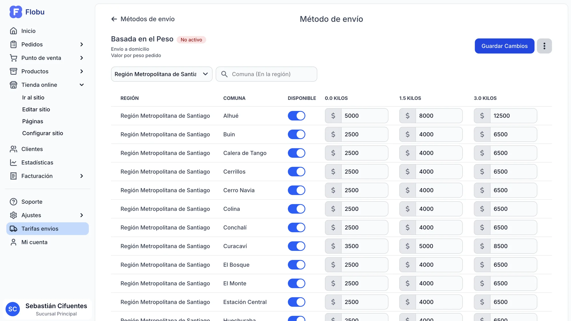 Captura de pantalla configuración precios de envio utilizando Flobu