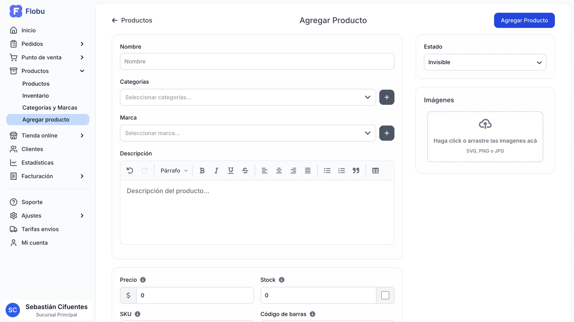 Captura de pantalla página crear producto Flobu